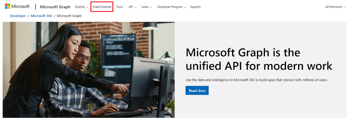 Screenshot of Microsoft Graph with graph explorer highlighted in red.