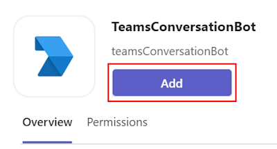 Screenshot of TeamsConversationBot installation with Add option highlighted.