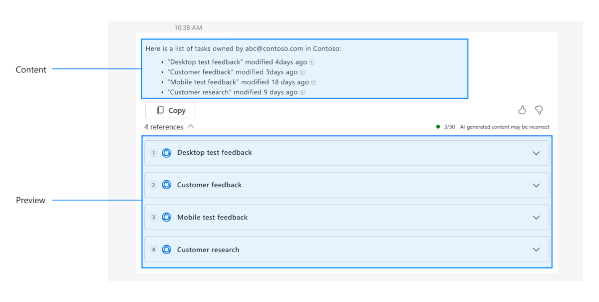 Screenshot shows an example of a sample app showing Microsoft 365 Copilot's response that contains Preview and Content in the same response.