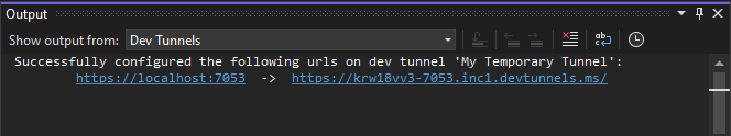 Screenshot shows the url in the Visual Studio output console.