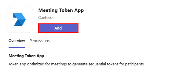 Screenshot of the app details dialog to add the meeting token app.