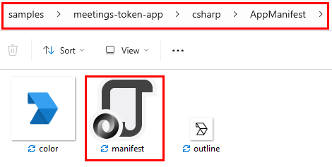 Screenshot of Teams App Manifest folder with the file path and manifest file highlighted in red.