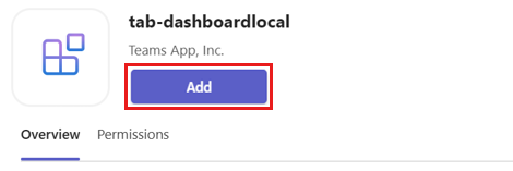 Screenshot of the app details dialog to add the tab app to Teams.
