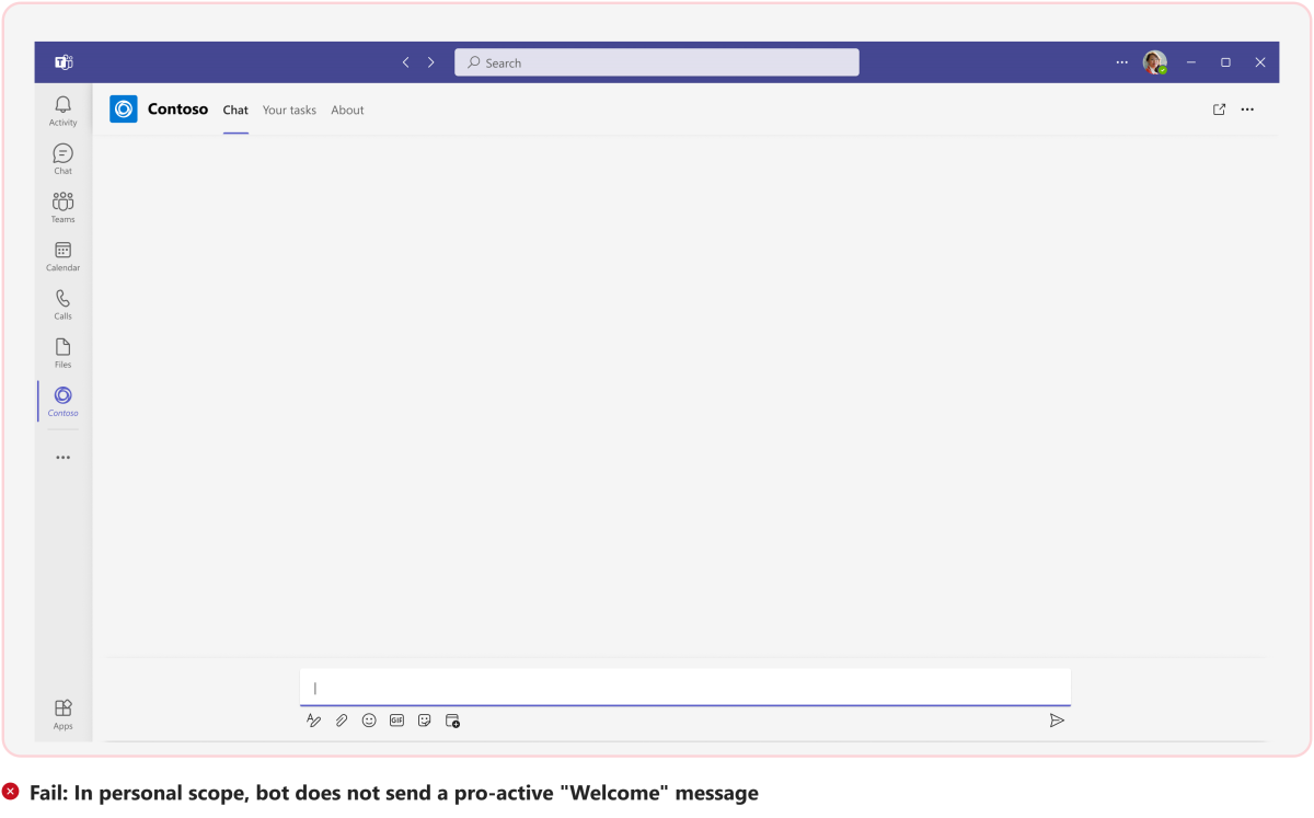 Graphic shows an example of bot not sending a  welcome message automatically in personal scope.