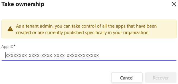 Screenshot shows an example of a tenant admin taking ownership of an app in Teams Developer Portal.