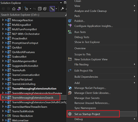Screenshot of Solution Explorer with Set as Startup Project and TeamsMessagingExtensionsSearch highlighted in red.
