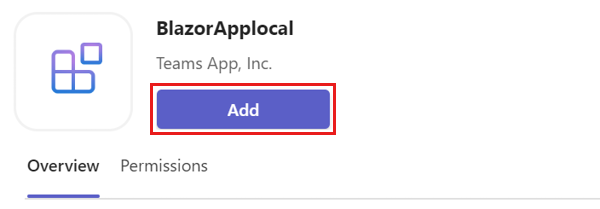 Screenshot of the app details dialog to add the tab app to Teams.