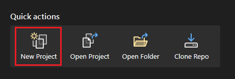 Screenshot shows the selection of new project from quick actions.