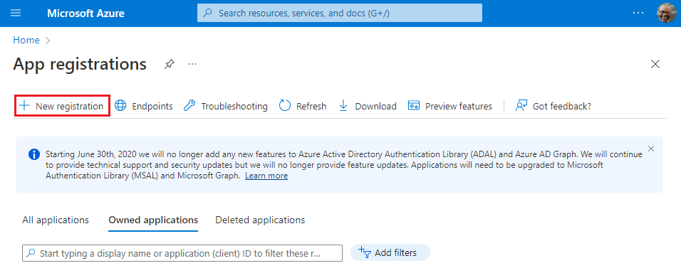 New registration on the App registrations pane.