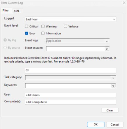 A sample of Event Viewer's Filter Current Log settings configured to only show Outlook errors with event ID 63 that occurred in the last hour.