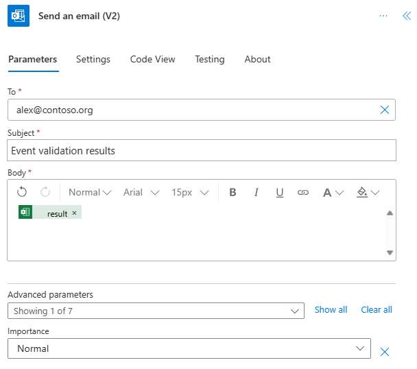 The completed Office 365 Outlook connector in Power Automate.