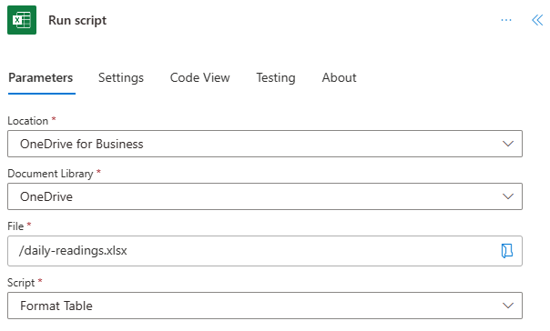 The Run script action with completed fields that show the location is 'OneDrive for Business', the document library is 'OneDrive', the file is 'daily-readings.xlsx', and the script is named 'Format Table'.