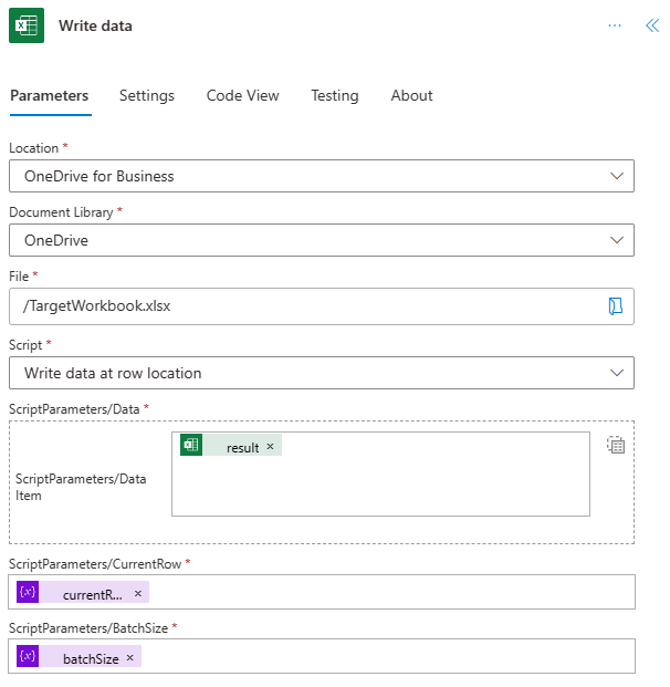 The completed 'Run script' action for the script that writes the data.