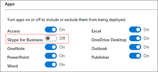 Screenshot of the configuration options in the Office Customization Tool showing toggles to include or exclude apps such as Skype for Business, Outlook, and Excel from being deployed.