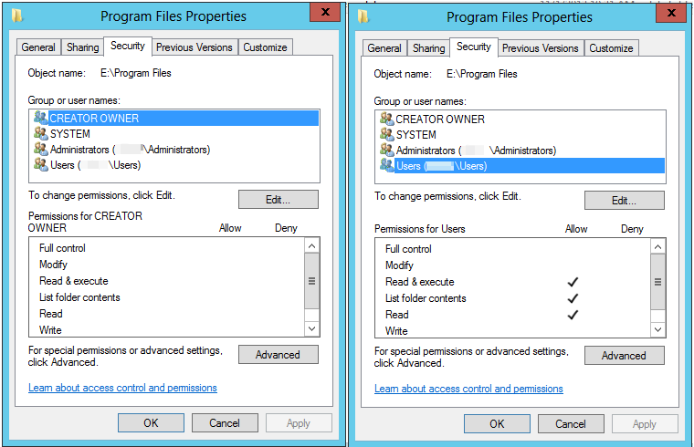 Näyttökuva Program Files Properties -sivusta.