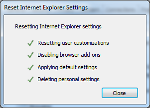 Näyttökuva IE9:n Internet Explorer asetusten palauttaminen -ikkunan sulkemisvaihtoehdosta.
