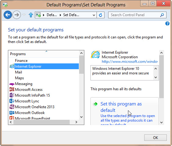 Näyttökuva Määritä oletusohjelmat -ikkunasta, kun valitset Internet Explorerin ohjelmat-luettelosta.