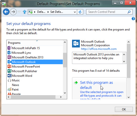 Näyttökuva Määritä oletusohjelmat -ikkunasta, kun valitset Microsoft Outlookin ohjelmaluettelosta.