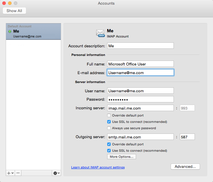 Näyttökuvassa näytetään vaiheet Apple iCloud -sähköpostitilin määrittämiseksi Microsoft Outlook for Mac.