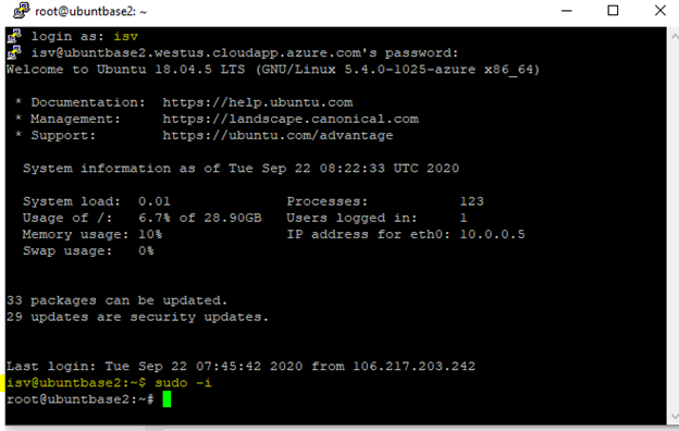 Putty client command-line screenshot showing the sudo -i command.