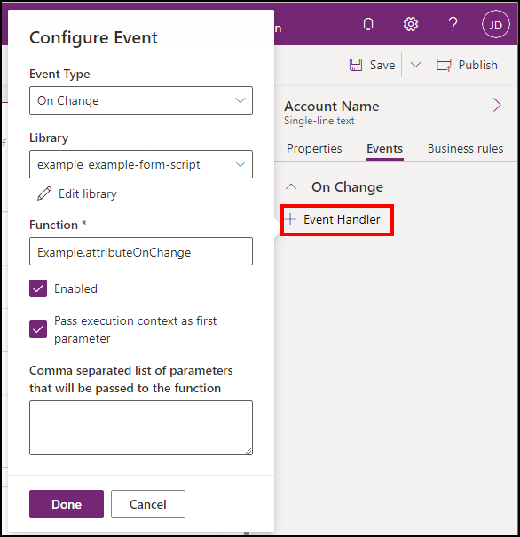 Configure field OnChange handler