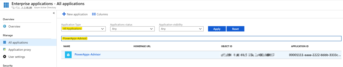 PowerApps-valvontasovelluksen haku.