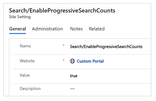 Progressiivisen haun sivustoasetuksen Search/EnableProgressiveSearchCounts-arvoksi määritetty tosi.