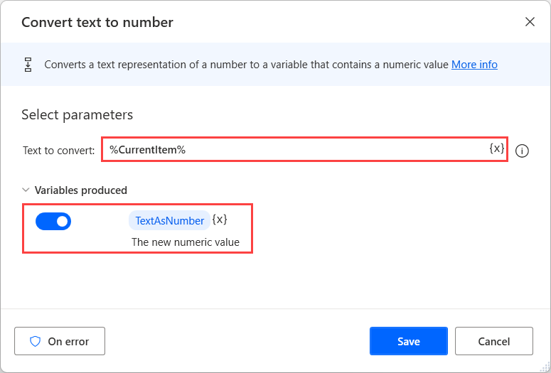 Näyttökuva Muunna teksti numeroksi -toiminnosta.