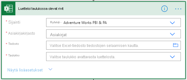 Screenshot that shows where to select the location of the Excel Online table.