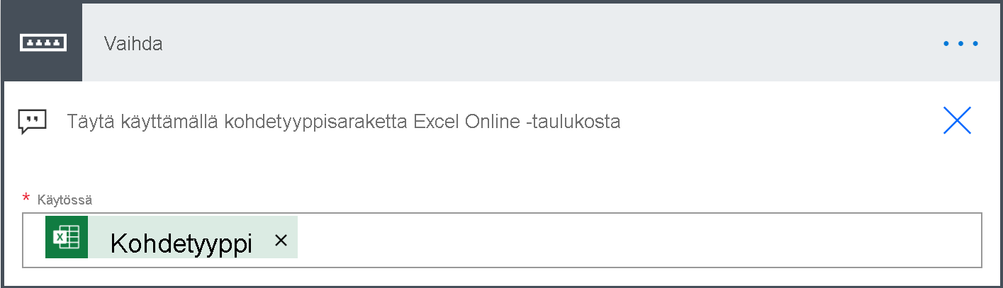 Screenshot that shows the Switch section where you populate the On box with the column in your Excel Online table.