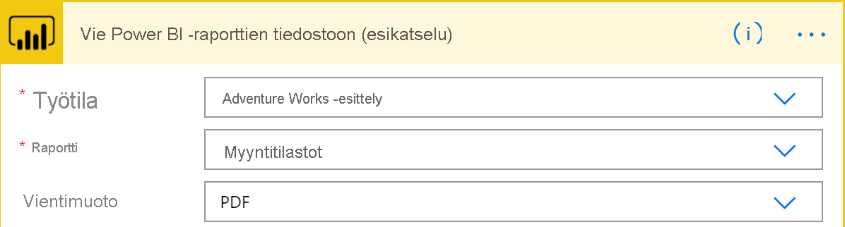 Näyttökuva Vie tiedostoon Power BI -raporteista.