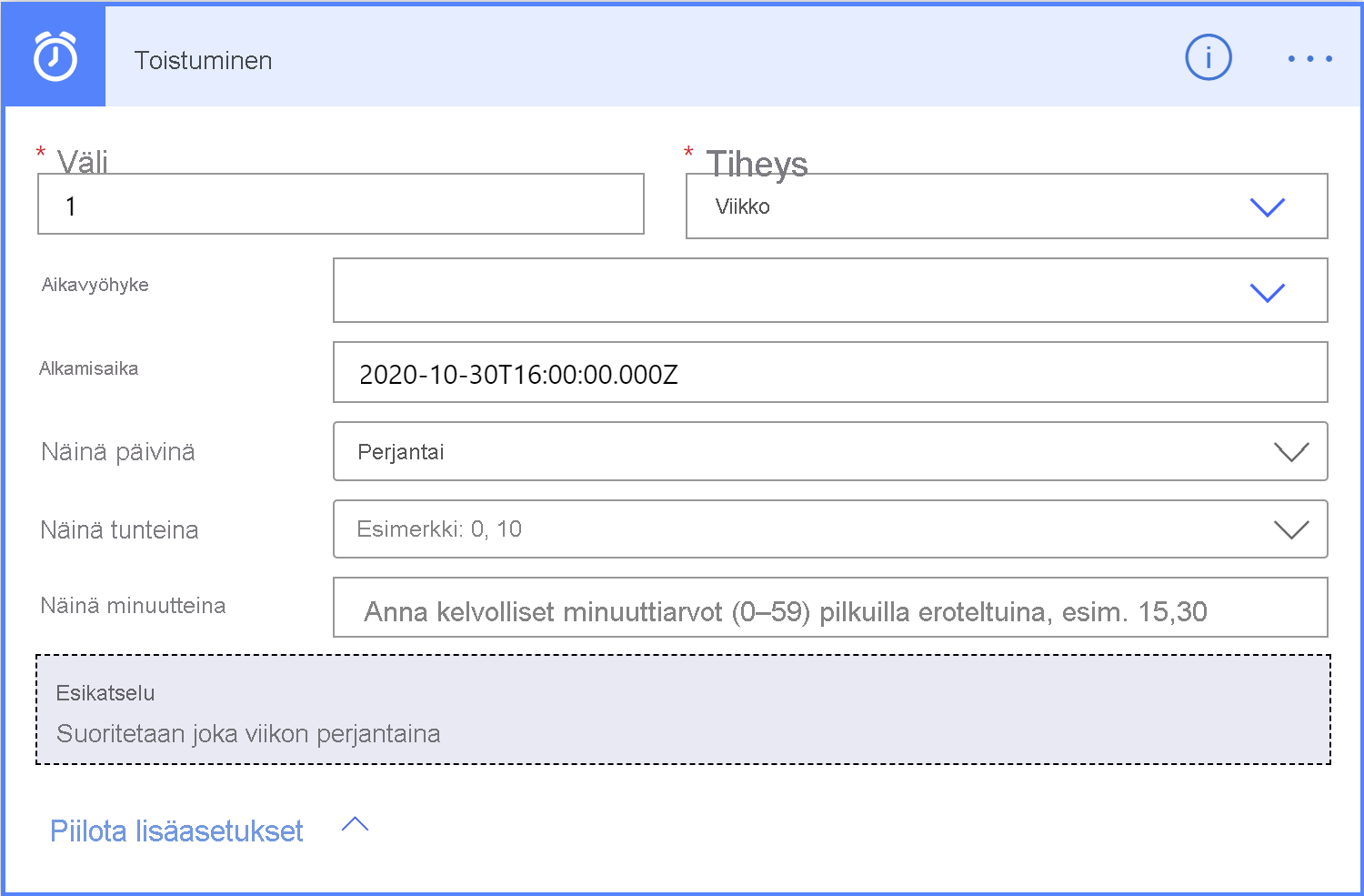 Näyttökuva, jossa näkyy Toistuvuus-valintaikkuna.