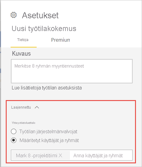 Näyttökuva kohdasta Työtilan yhteystiedot.