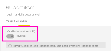 Näyttökuva Premium-kapasiteetista käytössä.