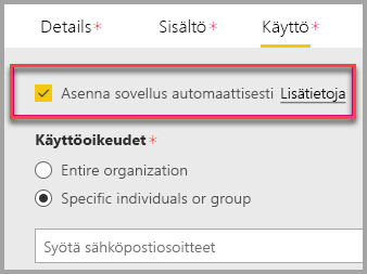 Näyttökuva Power BI -hallintaportaalista, jossa Asenna sovellus -vaihtoehto on valittuna automaattisesti.