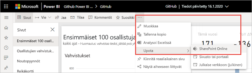 Näyttökuva, jossa näkyy Lisää vaihtoehtoja -valikko ja SharePoint Online korostettuna.