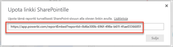 Näyttökuva Upota linkki -valintaikkunasta, jossa raporttilinkki on korostettuna.