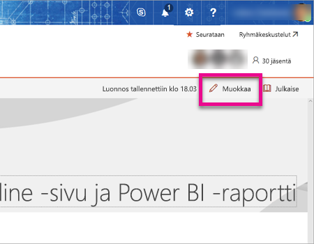 Näyttökuva SharePointin muokkaussivusta, jossa muokkausasetus on korostettuna.