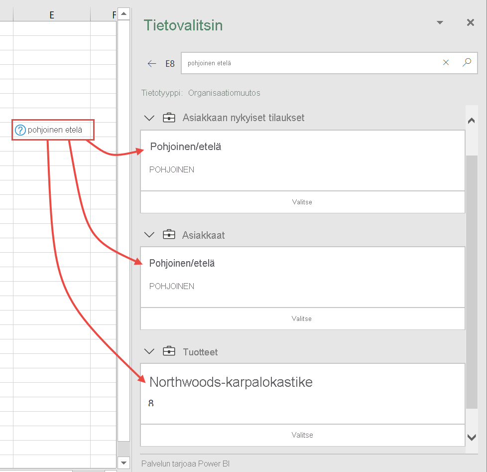 Screenshot of Excel Data Selector pane with multiple possibilities.