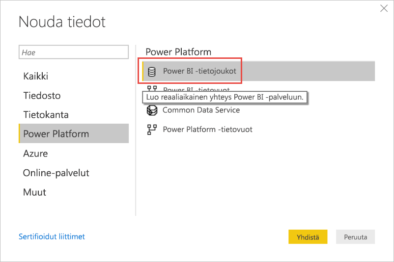 Näyttökuva tietojen noutamisesta Semanttisista Power BI -malleista.