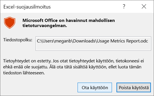 Näyttökuva Excelin suojausilmoituksesta.