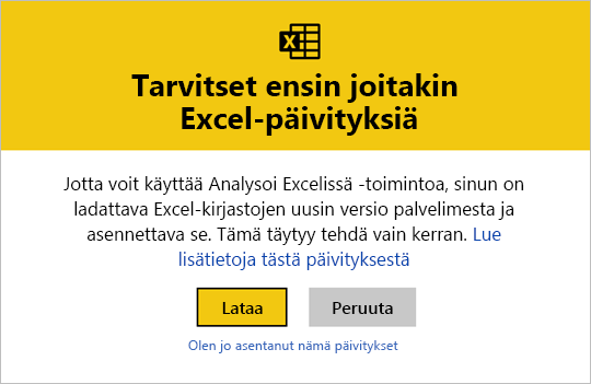 Näyttökuva Excel-päivityksistä.