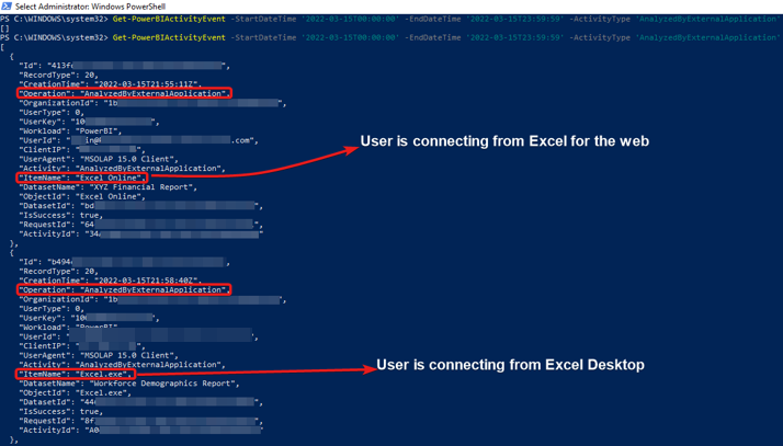 Screenshot of PowerShell Get-PowerBIActivityEvent cmdlet.