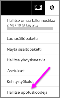 Näyttökuva Upotuskoodien hallinta -