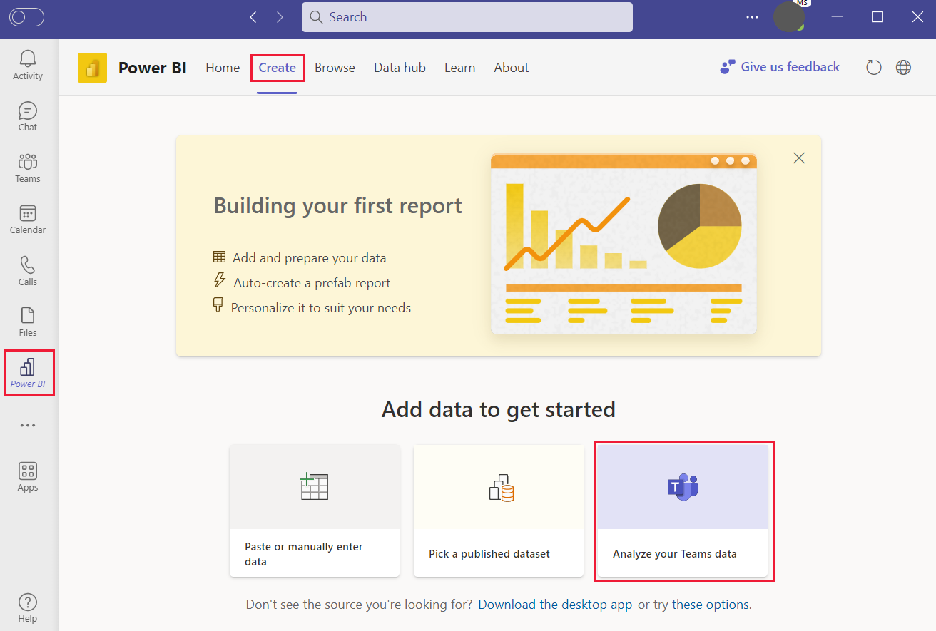  Luo Power BI -raportti Teams-toiminnan analysoimiseksi.