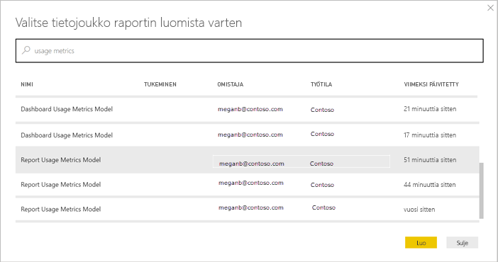 Näyttökuva, jossa näkyy Yhteyden muodostaminen käyttöraportin semanttiseen malliin.