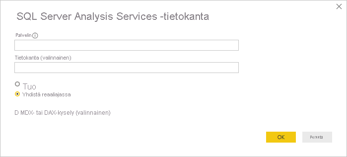 Näyttökuvassa näkyy SQL Server Analysis Services -tietokantaikkuna.