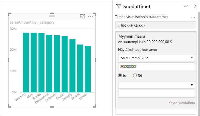 Näyttökuva, jossa näkyvät suodattimet sisältävät mittarit