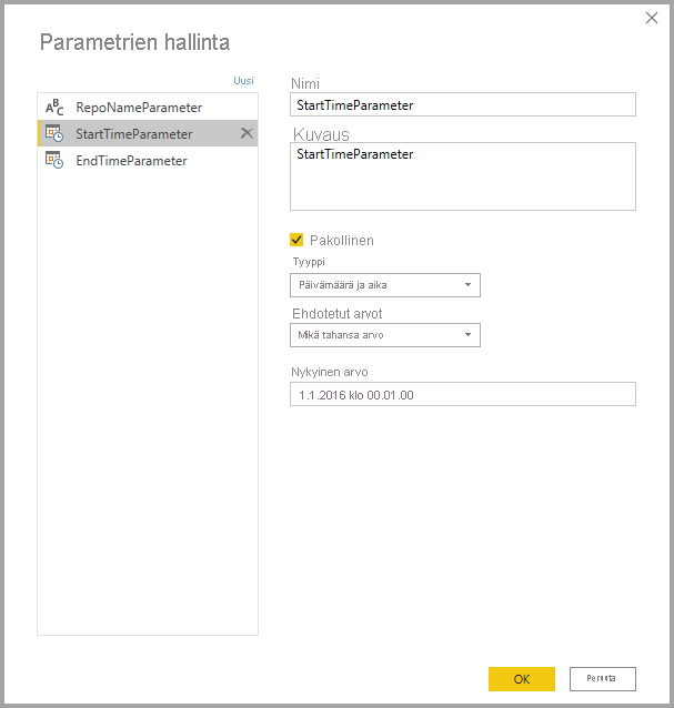 Näyttökuvassa näkyvät parametritiedot.