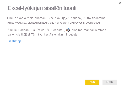 Näyttökuvassa näkyy Excel-työkirjan tuomisen sisältösanoma.